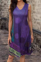 Casual Vintage Print Color Block Contrast V Neck Sleeveless Dresses