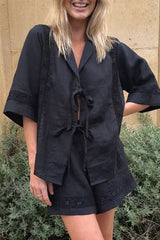 Casual Solid Pocket Frenulum With Bow V Neck Short Sleeve Two Pieces(3 Colors)