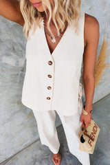 Casual Solid Frenulum Buttons V Neck Sleeveless Two Pieces
