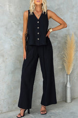 Casual Solid Frenulum Buttons V Neck Sleeveless Two Pieces