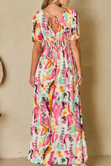 Elegant Print Color Block Backless Contrast V Neck A Line Dresses