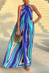 Sexy Striped Print Frenulum Contrast Halter Printed Dresses