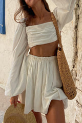 Sexy Solid Frenulum Fold Square Collar Long Sleeve Two Pieces