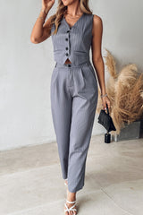 Casual Striped Patchwork V Neck Sleeveless Two Pieces