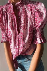 Casual National Totem Print Fold Square Collar Tops