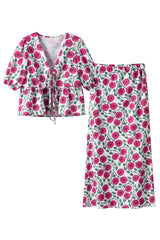 Elegant Print Floral Hollowed Out Frenulum V Neck Short Sleeve Two Pieces