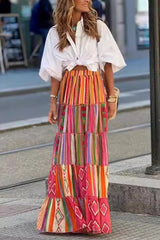 Street Geometric Print Ruffle Contrast Turndown Collar Short Sleeve Two Pieces