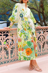 Casual Floral Print Buckle Mandarin Collar Shirt Dresses