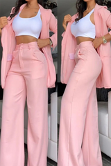 Casual Solid Color Pocket Buttons Turn-back Collar Long Sleeve Two Pieces(4 Colors)