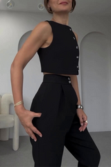 Casual Solid Color Pocket Buttons O Neck Sleeveless Two Pieces