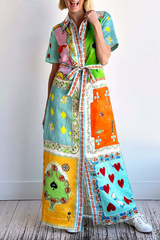 Geometric Print Lace Up Contrast Turndown Collar Shirt Short Sleeve Dress