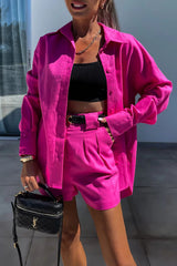 Casual Solid Color Buttons Patchwork Turndown Collar Long Sleeve Two Pieces(No Belt)(3 Colors)