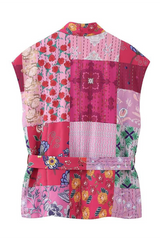 Casual Street Floral Print Lace Up Patchwork Contrast V Neck Waistcoats