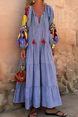 Elegant Striped Print Fringed Trim Patchwork Ruffle V Neck A Line Dresses