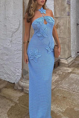 Sexy Flowers Hollow Out Patchwork Backless Strap Design Halter Long Dresses(3 Colors)