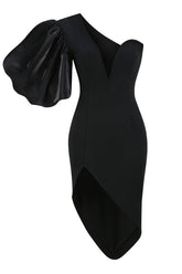 Black Puff Sleeve Asymmetric Midi Dress