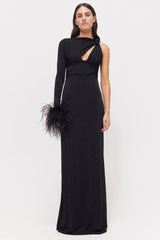 One Sleeve Feather Trim Maxi Dress