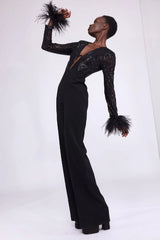 Sequin Feather-Trim Cuff Jumpsuit