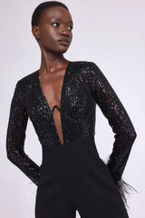 Sequin Feather-Trim Cuff Jumpsuit