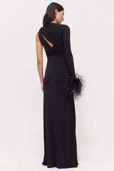 One Sleeve Feather Trim Maxi Dress