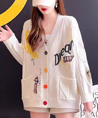 Cute Embroidered Patchwork Oversized College Braided Cardigan