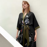 Black Khaki Light Luxury Silky Satin Kimono Robe