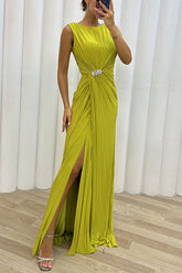 inostorâ„?Elegant Formal Solid Slit Fold O Neck Evening Dress Dresses