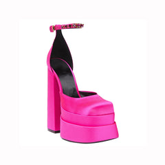 Pink Satin Double Platform Ankle Strap Sandals