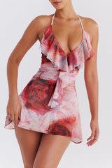 Rose Print Frill Halter Mini Dress