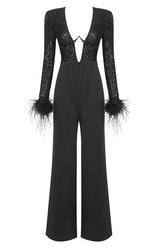 Sequin Feather-Trim Cuff Jumpsuit