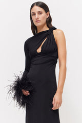 One Sleeve Feather Trim Maxi Dress