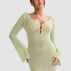 Mint Green crochet Knitted Dress With Key-Hole Cut-Outs