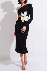 Angelica One-Shoulder Flower Appliqué Dress