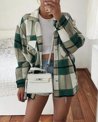Colorblock Plaid Faux Wool Jacket Flannel Shirt Jacket