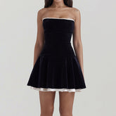 Pleated Trim Black Strapless Velvet Mini Dress