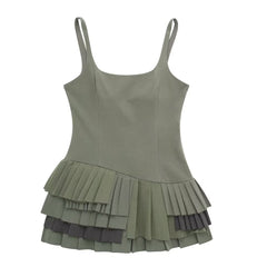 khaki Green Mini Dress With Box Pleats
