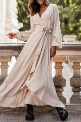 inostorâ„?Casual Solid Frenulum Slit V Neck Long Sleeve Dresses