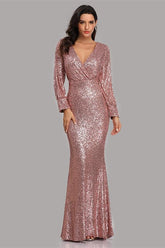 inostorâ„?Long Sleeve V Neck Sequined Fishtail Evening Dress