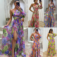 inostorâ„?Fashion Print Sexy Slash Neck Backless Party Dress Elegant Bohemian Wedding Guest Dress