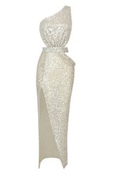 One Shoulder Sequins Cut Out Split Maxi Dress