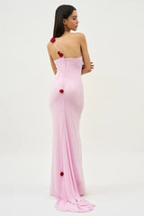 Floral-Appliqué One Shoulder Gown