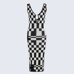 Black and White Checkerboard Knit Midi Dress