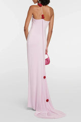 Floral-Appliqué One Shoulder Gown