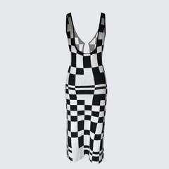 Black and White Checkerboard Knit Midi Dress