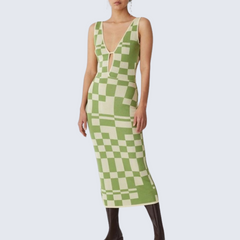Green and White Checkerboard Knit Midi Dress