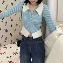 Color Block Ribbed Cropped Cardigan