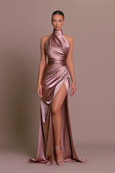 inostorâ„?Halter neck sleeveless slit slimming dress