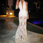 Hollow Out 3D Petal plunging neckline White Backless Dress Open Backs