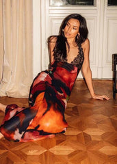 inostorâ„?Abstract Floral Print Lace Patchwork Back Lace-up Maxi Dress