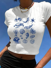 Marine Animal Seashell White Crop Top